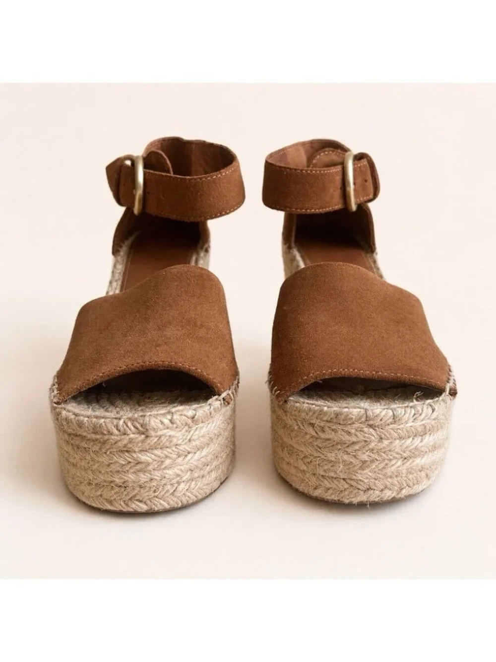 Marc Fisher Espadrille Wedge Women 9 Brown Platform Ankle Strap Leather Sandal